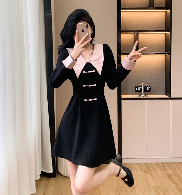 Sweet splice jacquard slim doll collar autumn dress