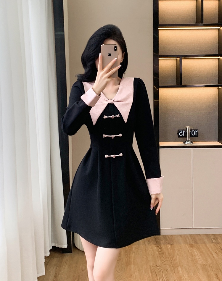 Sweet splice jacquard slim doll collar autumn dress