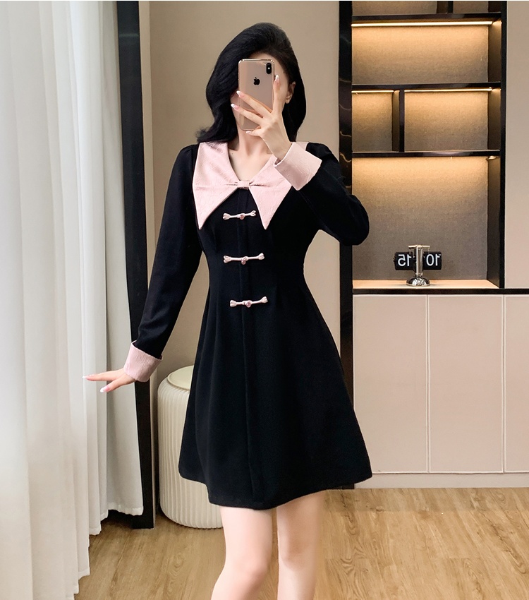 Sweet splice jacquard slim doll collar autumn dress