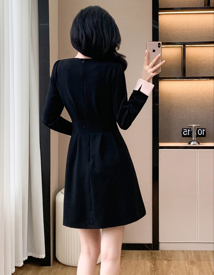 Sweet splice jacquard slim doll collar autumn dress