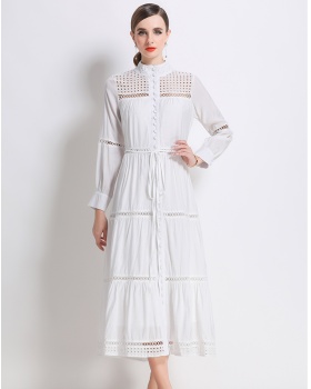 Splice long sleeve long vacation buckle dress