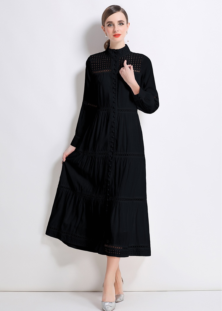 Splice long sleeve long vacation buckle dress