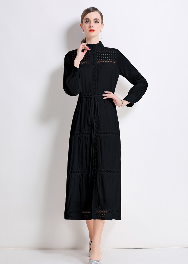 Splice long sleeve long vacation buckle dress