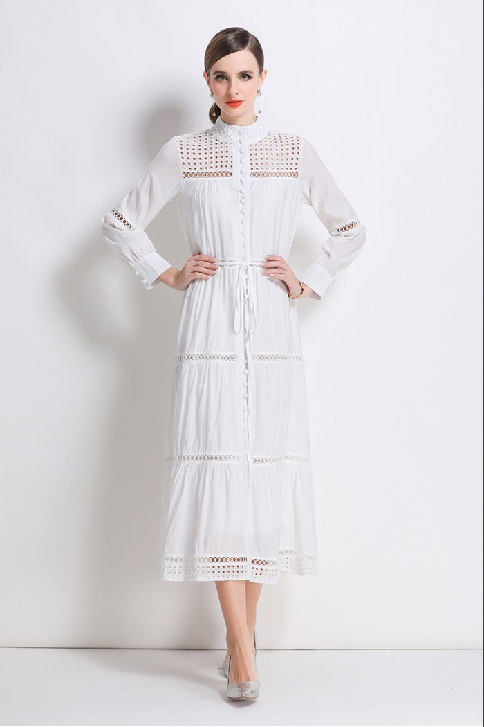 Splice long sleeve long vacation buckle dress