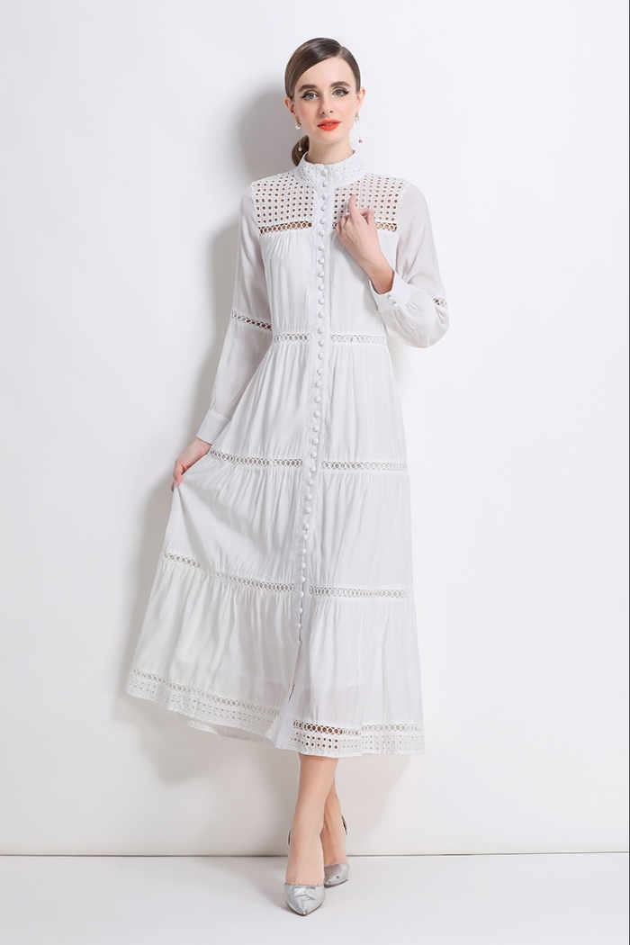 Splice long sleeve long vacation buckle dress