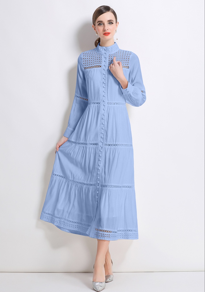 Splice long sleeve long vacation buckle dress
