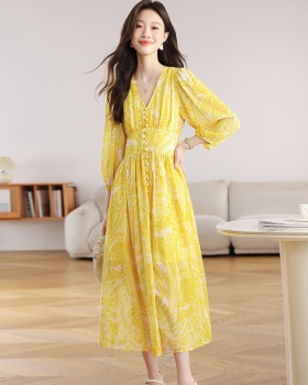 Yellow Casual V-neck dress floral seaside long dress