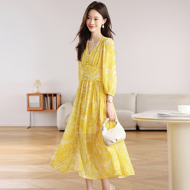 Yellow Casual V-neck dress floral seaside long dress