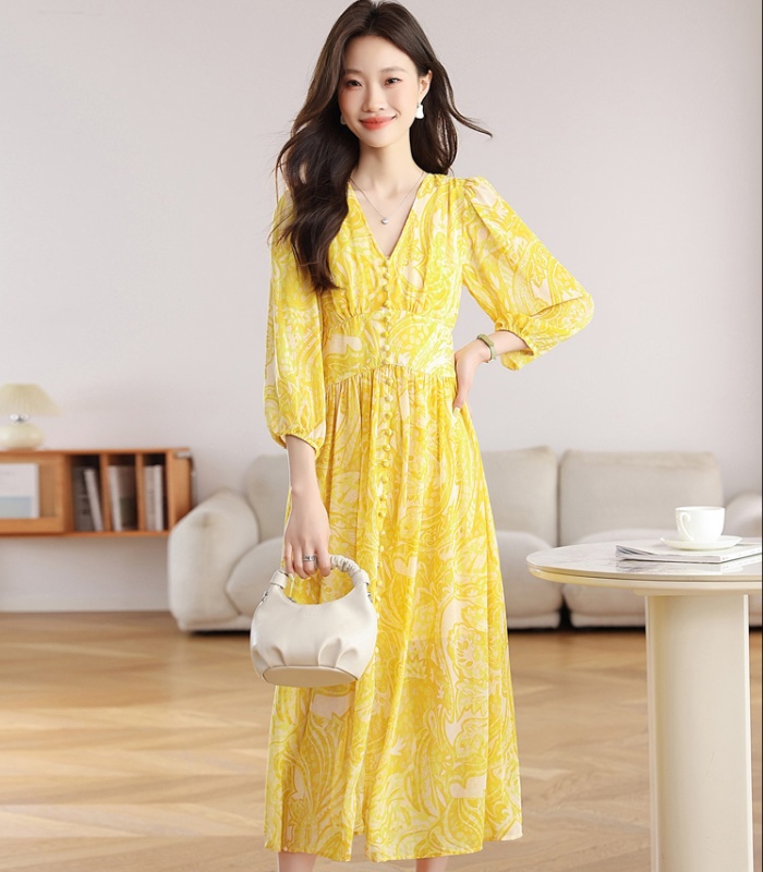 Yellow Casual V-neck dress floral seaside long dress