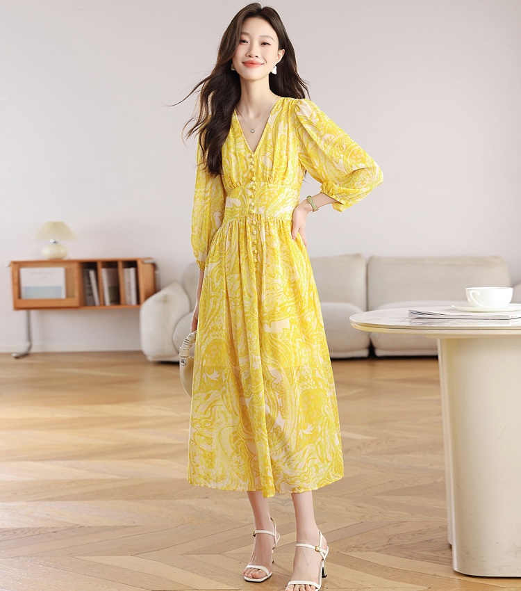 Yellow Casual V-neck dress floral seaside long dress