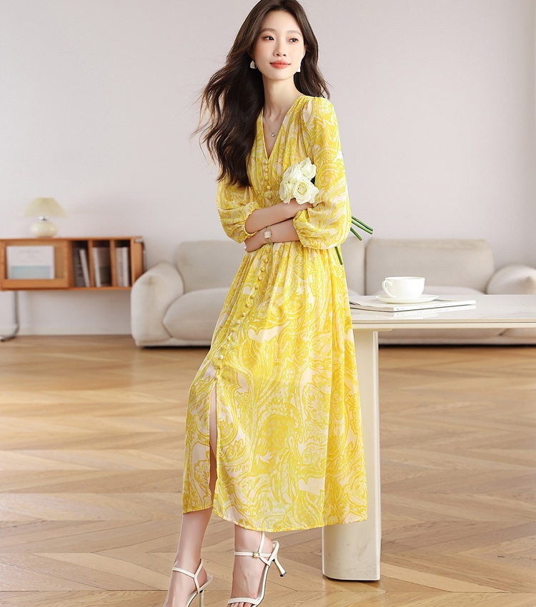 Yellow Casual V-neck dress floral seaside long dress