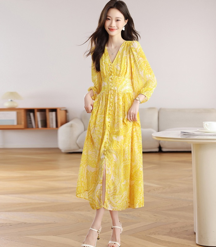 Yellow Casual V-neck dress floral seaside long dress