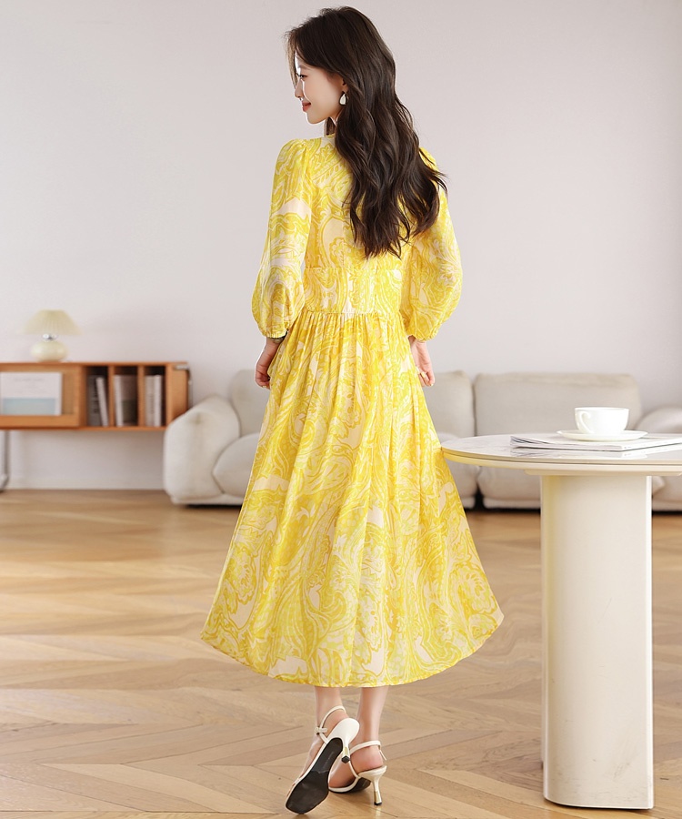 Yellow Casual V-neck dress floral seaside long dress