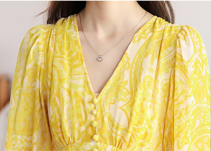 Yellow Casual V-neck dress floral seaside long dress