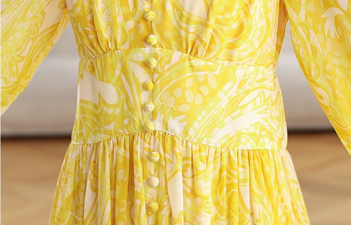 Yellow Casual V-neck dress floral seaside long dress