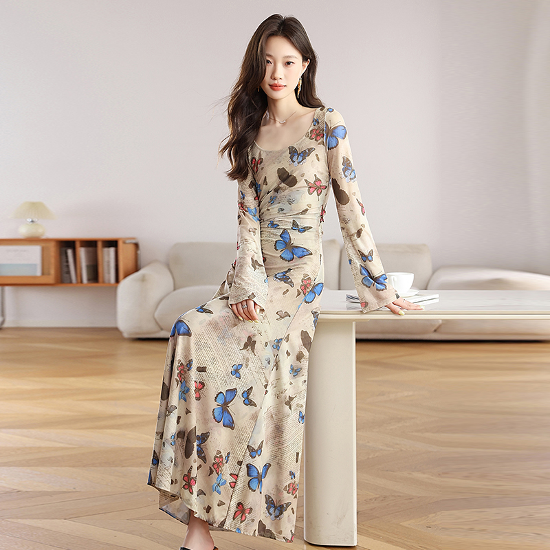 Package hip chouzhe dress printing long dress for women