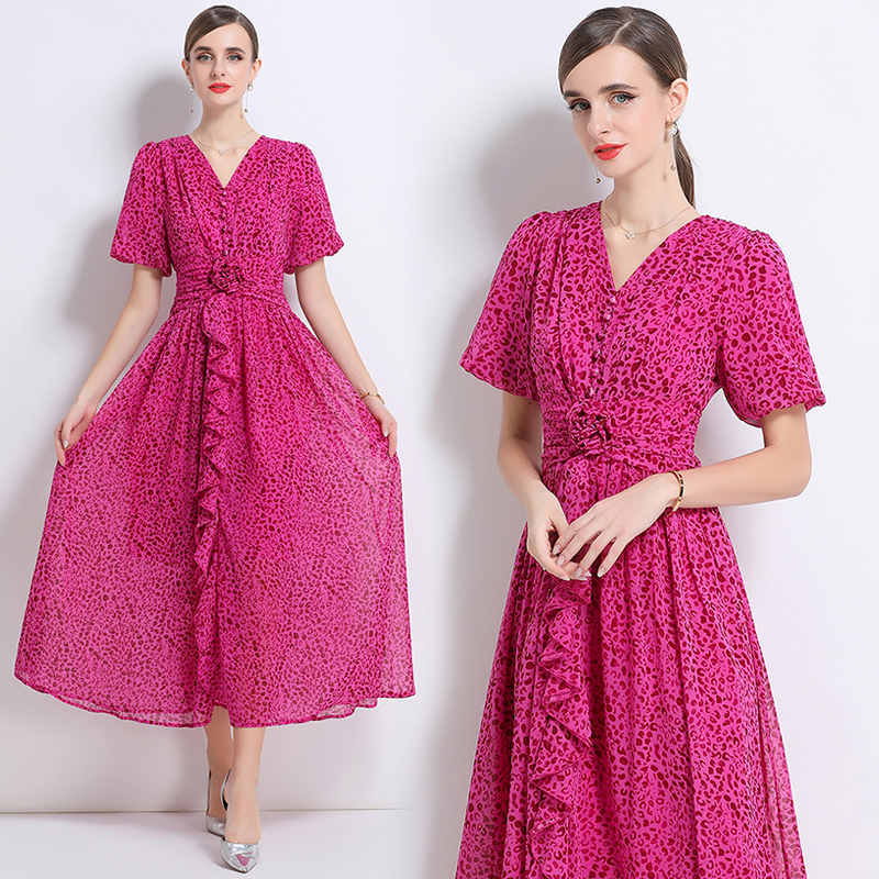V-neck leopard long dress summer dress
