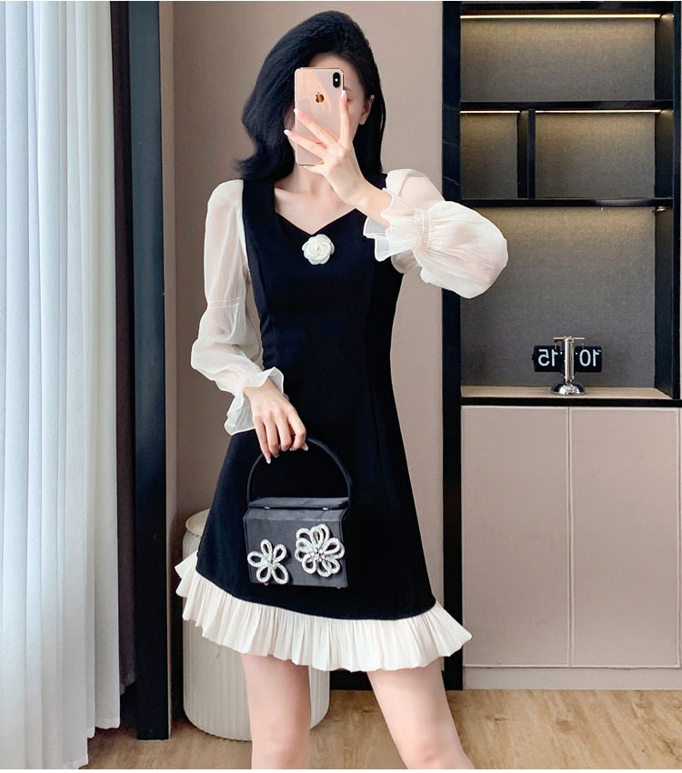 Corsage splice square collar autumn and winter dress