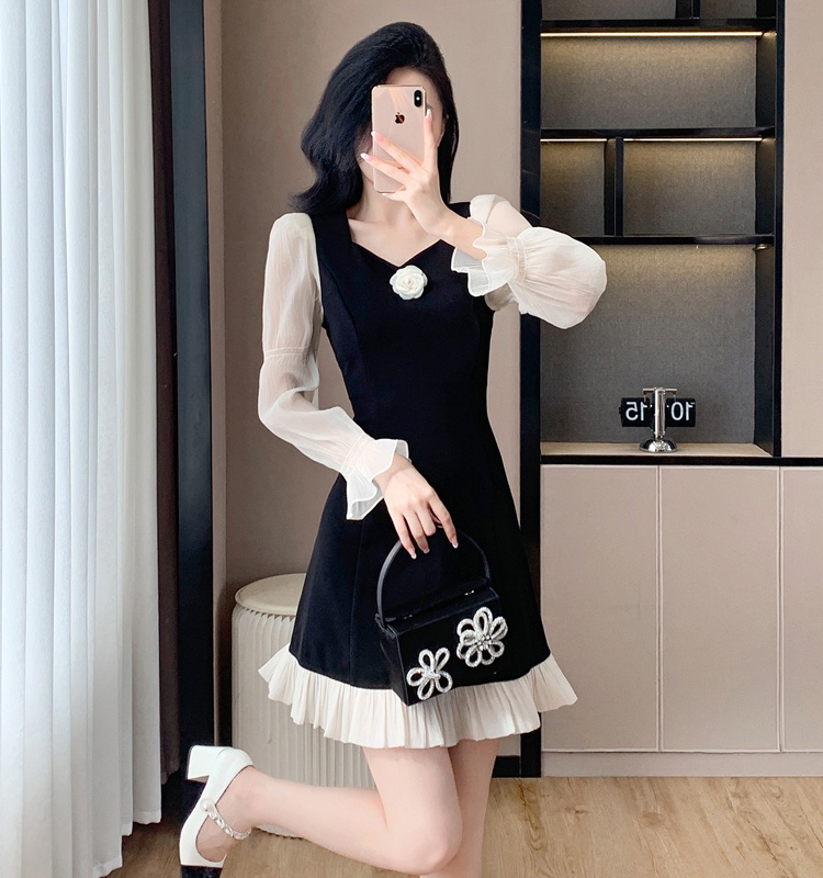 Corsage splice square collar autumn and winter dress
