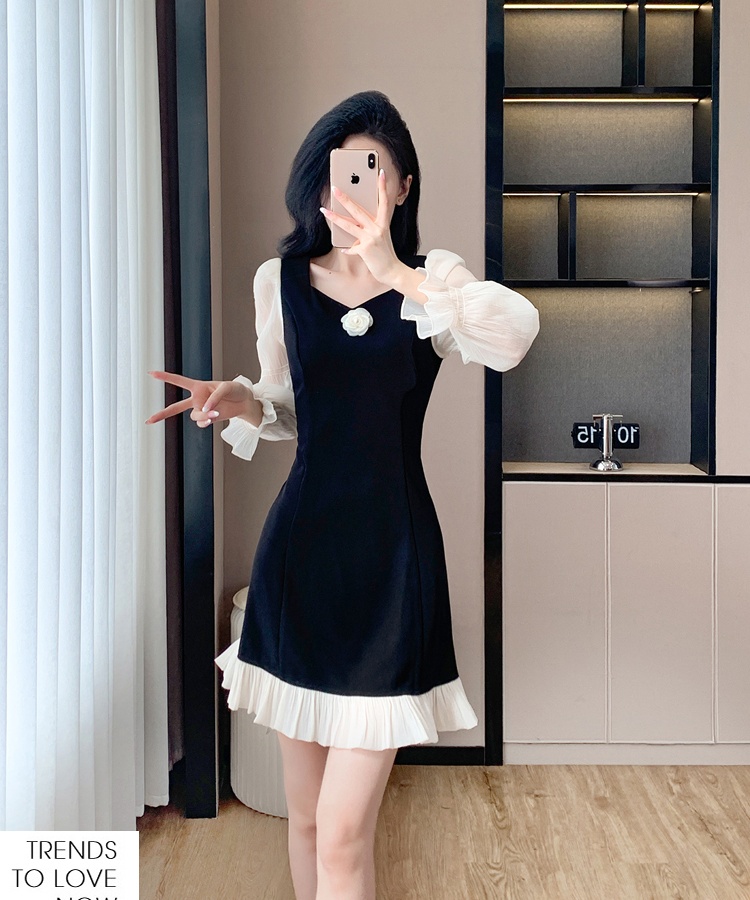 Corsage splice square collar autumn and winter dress