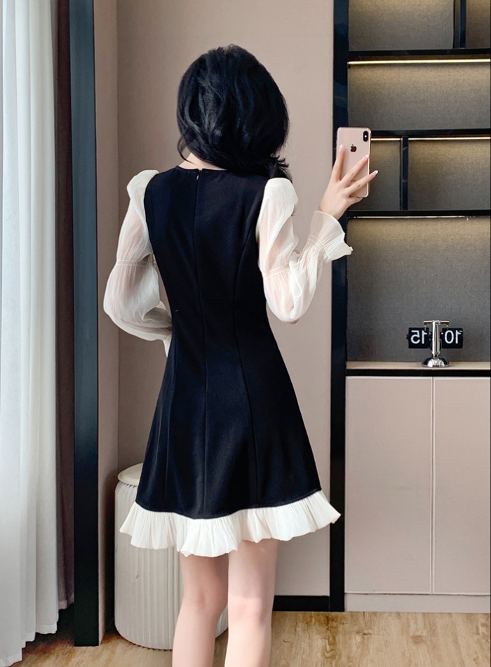 Corsage splice square collar autumn and winter dress