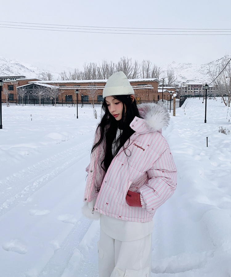 Fur collar stripe coat small fellow cotton coat