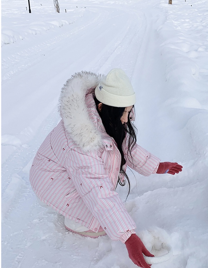 Fur collar stripe coat small fellow cotton coat