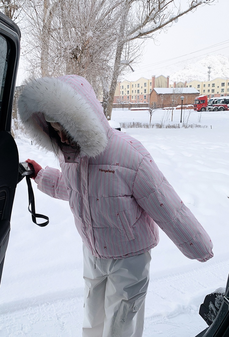 Fur collar stripe coat small fellow cotton coat