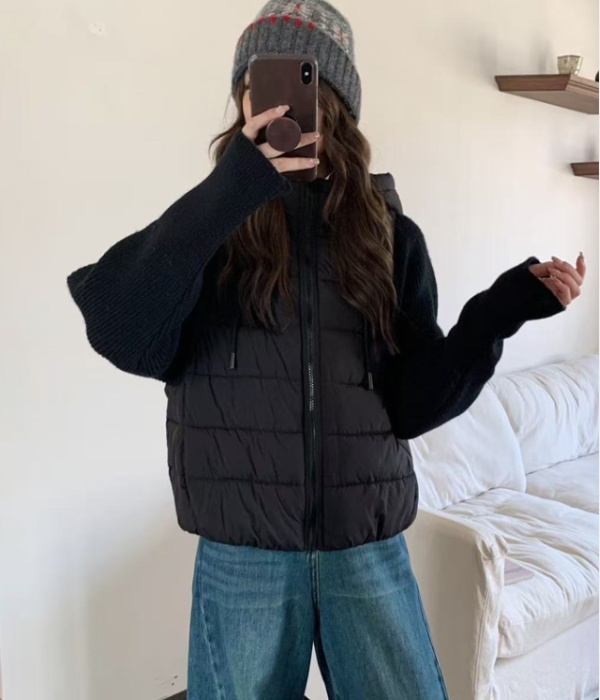 Pseudo-two thin sweater knitted short cotton coat for women