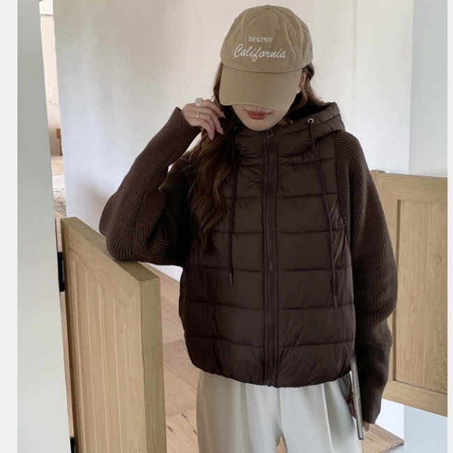 Pseudo-two thin sweater knitted short cotton coat for women