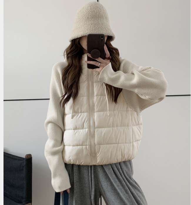 Pseudo-two thin sweater knitted short cotton coat for women