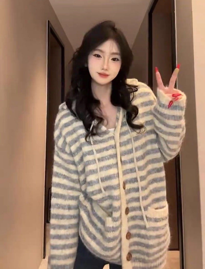 Stripe loose coat lazy hooded sweater for women
