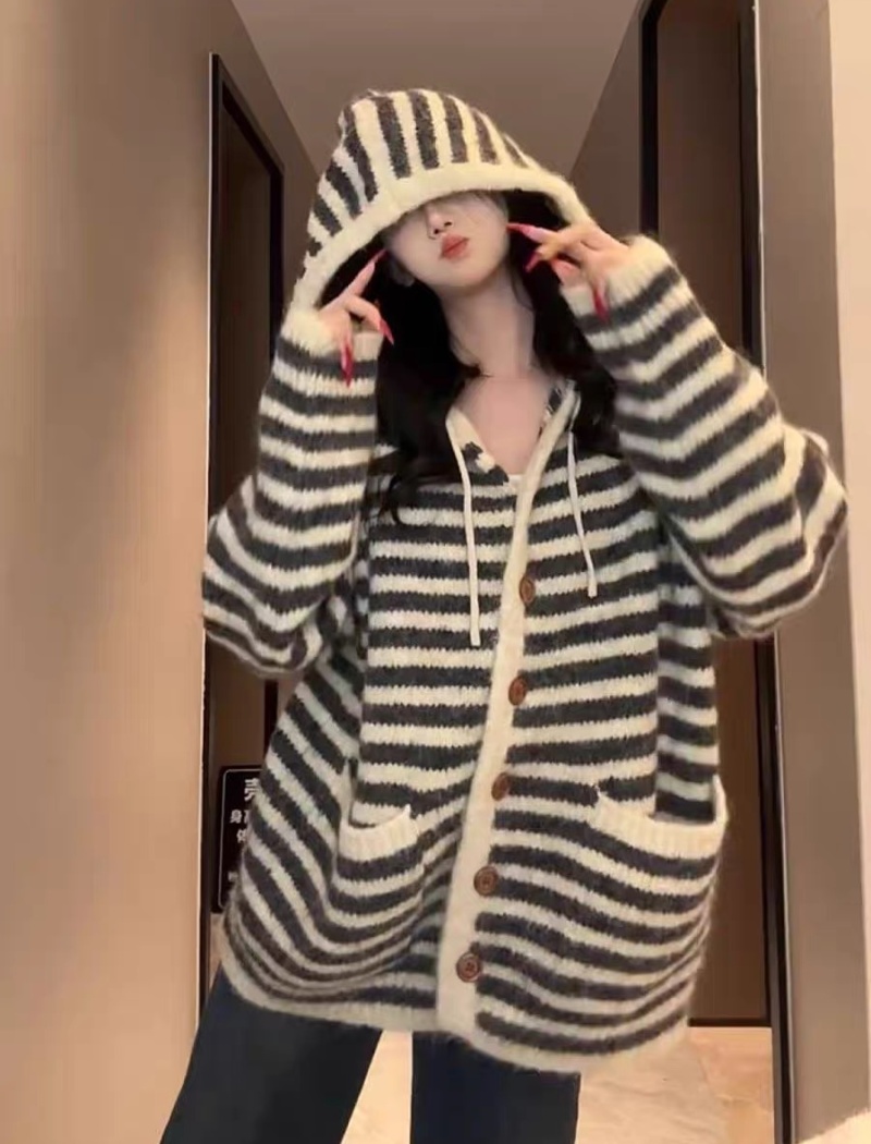 Stripe loose coat lazy hooded sweater for women