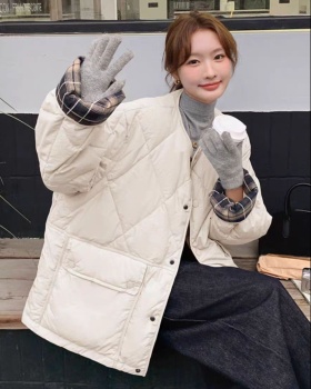 Light splice plaid down round neck cotton coat for women