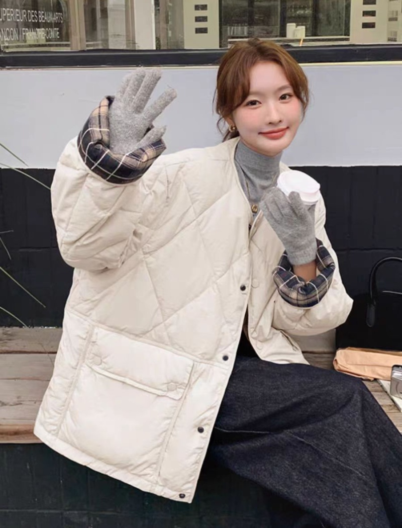 Light splice plaid down round neck cotton coat for women