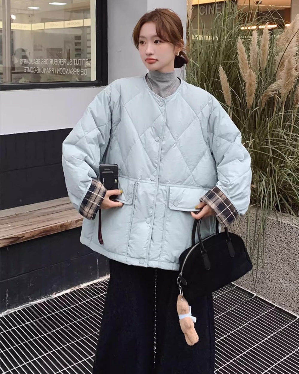 Light splice plaid down round neck cotton coat for women