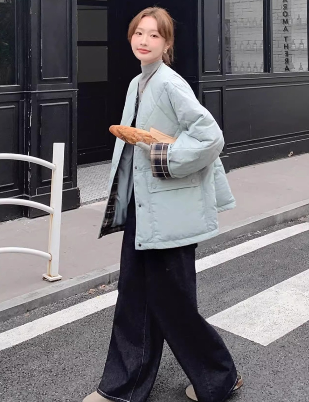 Light splice plaid down round neck cotton coat for women