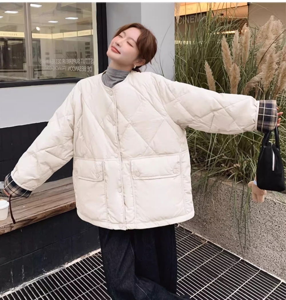 Light splice plaid down round neck cotton coat for women