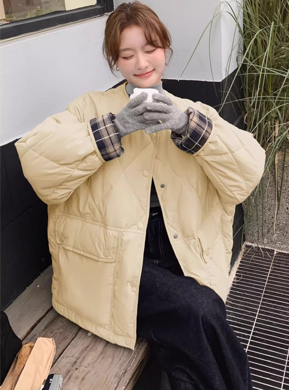 Light splice plaid down round neck cotton coat for women