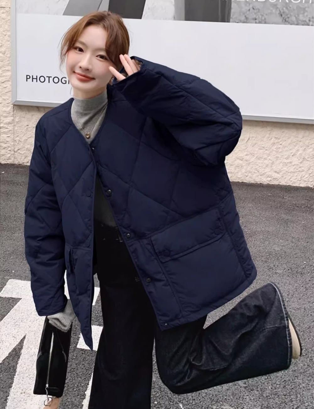 Light splice plaid down round neck cotton coat for women