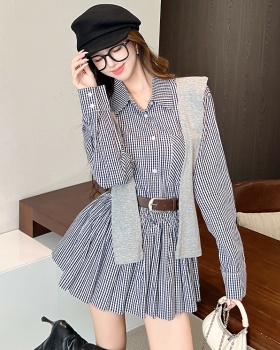 Retro high waist plaid dress slim autumn shawl for women