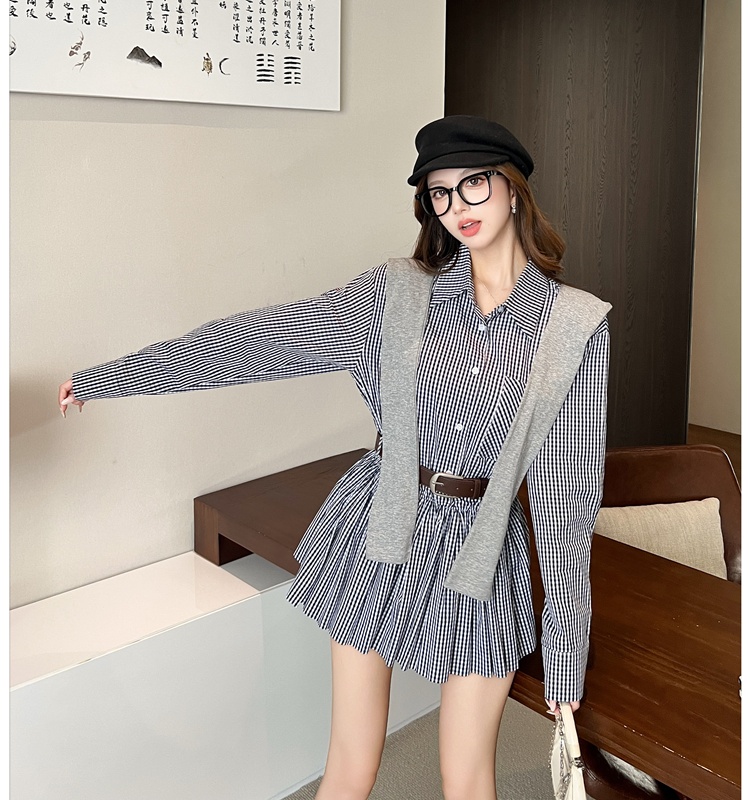 Retro high waist plaid dress slim autumn shawl for women