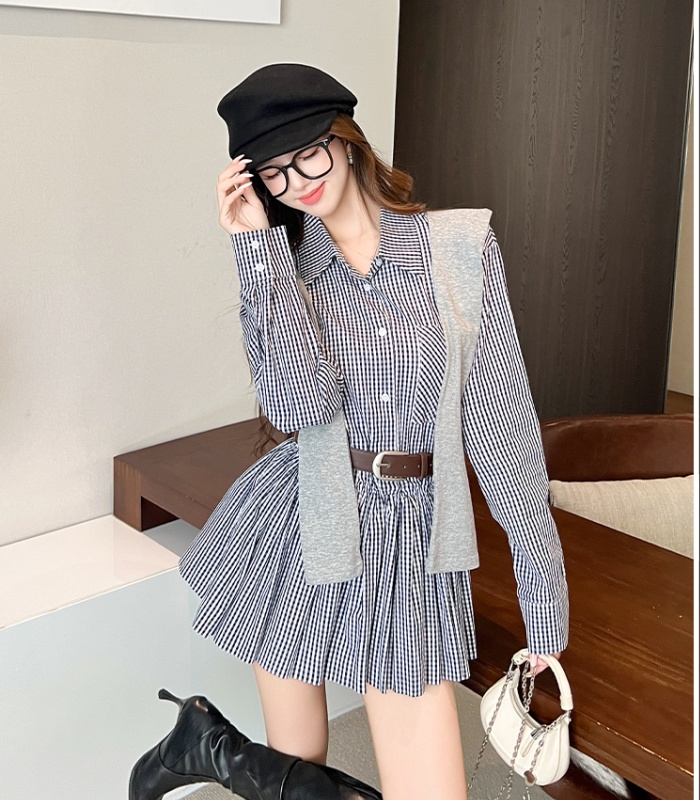 Retro high waist plaid dress slim autumn shawl for women