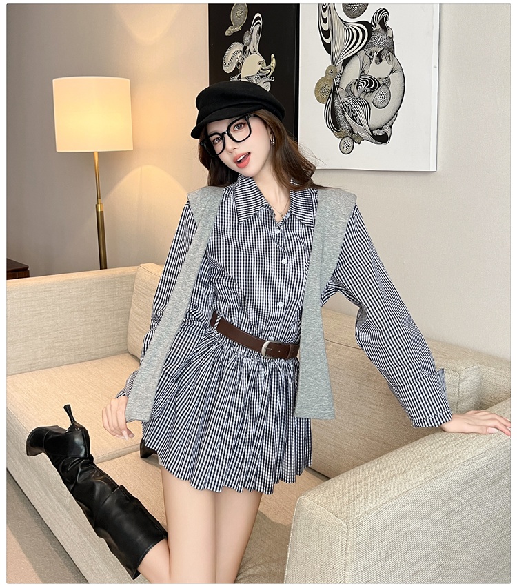 Retro high waist plaid dress slim autumn shawl for women