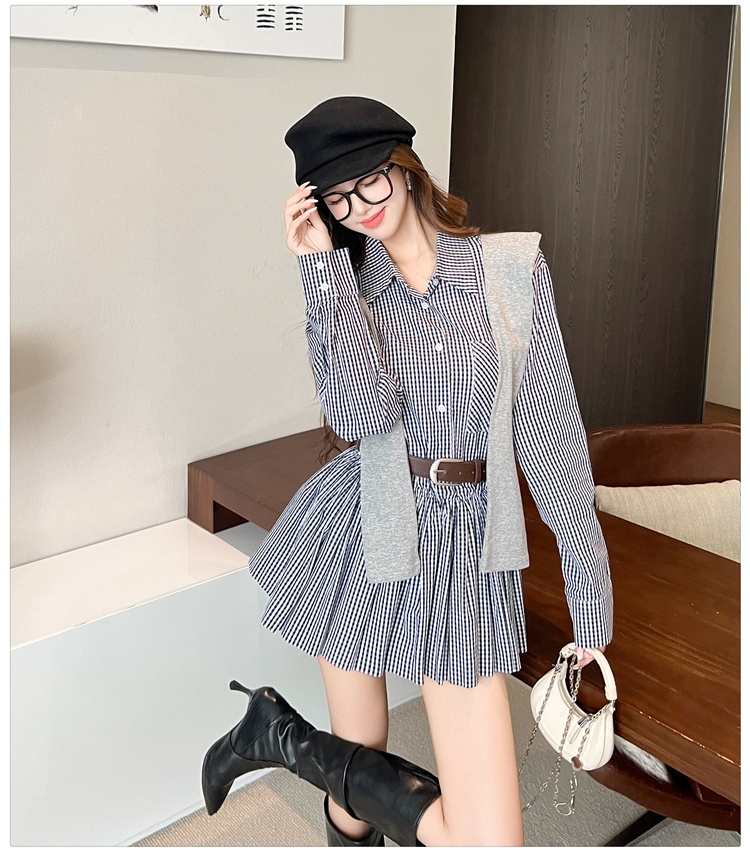 Retro high waist plaid dress slim autumn shawl for women