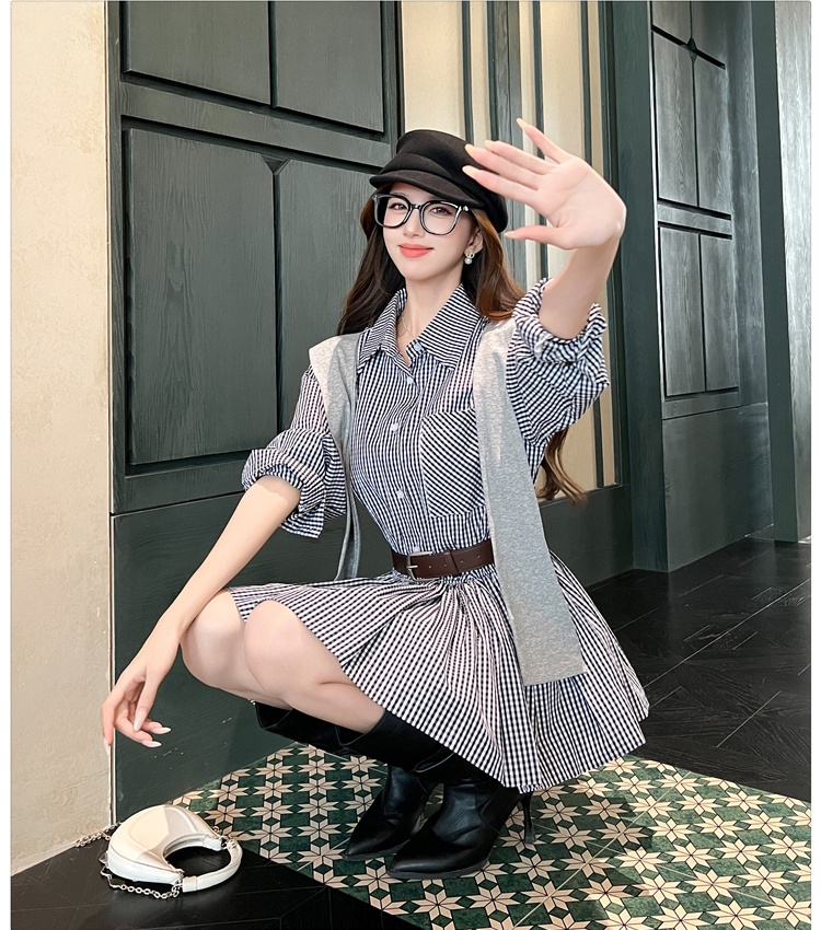 Retro high waist plaid dress slim autumn shawl for women