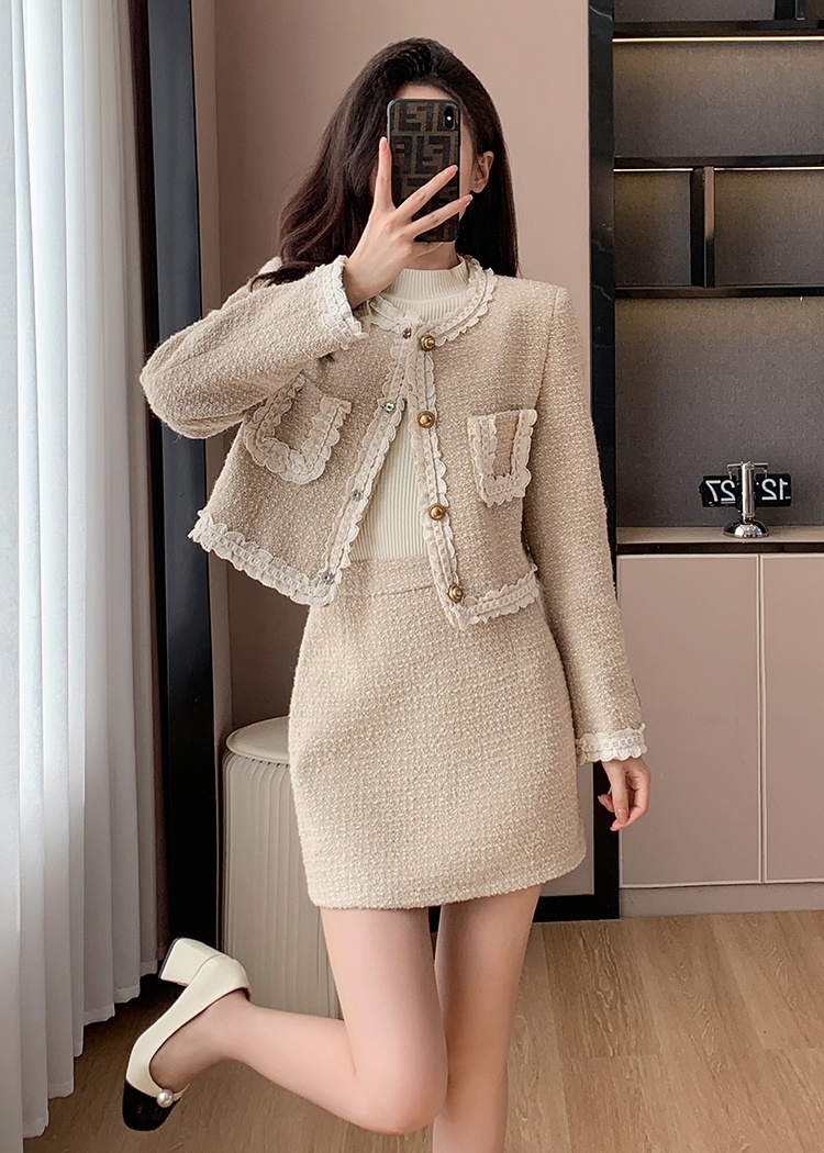 Autumn and winter France style short skirt fashion lace coat a set