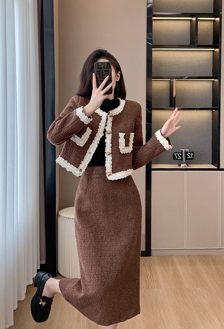 Ladies splice wool coat wood ear skirt 2pcs set