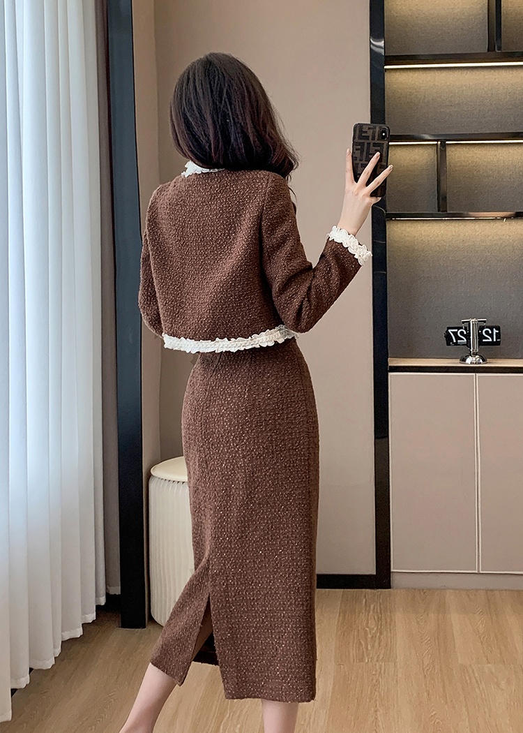 Ladies splice wool coat wood ear skirt 2pcs set