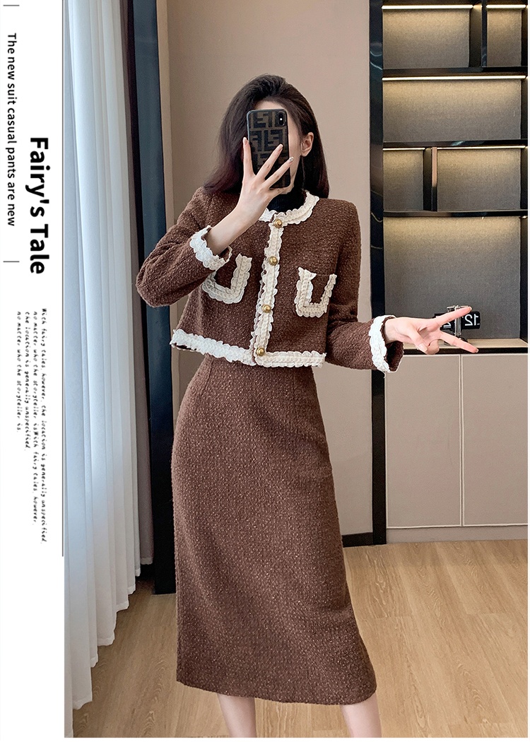 Ladies splice wool coat wood ear skirt 2pcs set